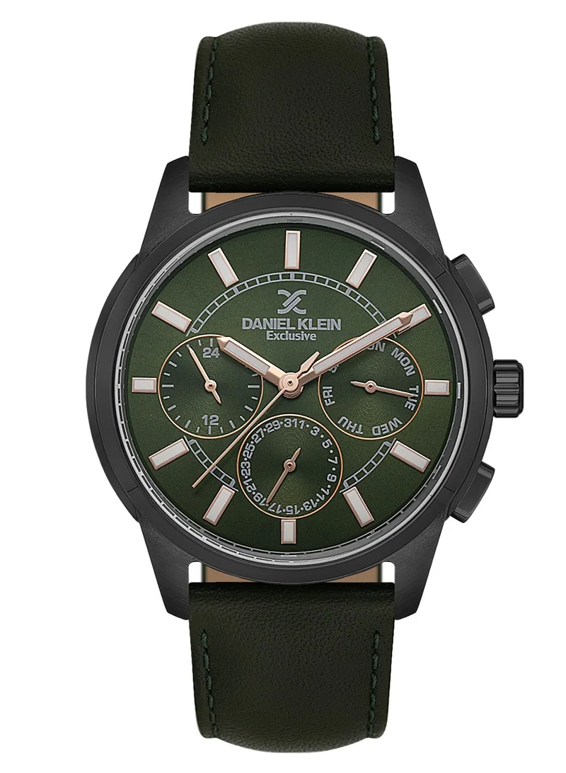 DANIEL KLEIN Men's Leather Black Alloy Case Analog Dark Green Round Sunray Dial Japanese Quartz Exclusive 50 Meters Water Resistant